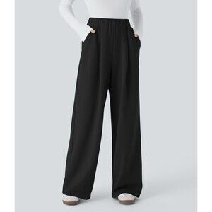 Halara High Waisted Wide Leg Pants M Petite Pleated Pockets Athleisure Black NWT